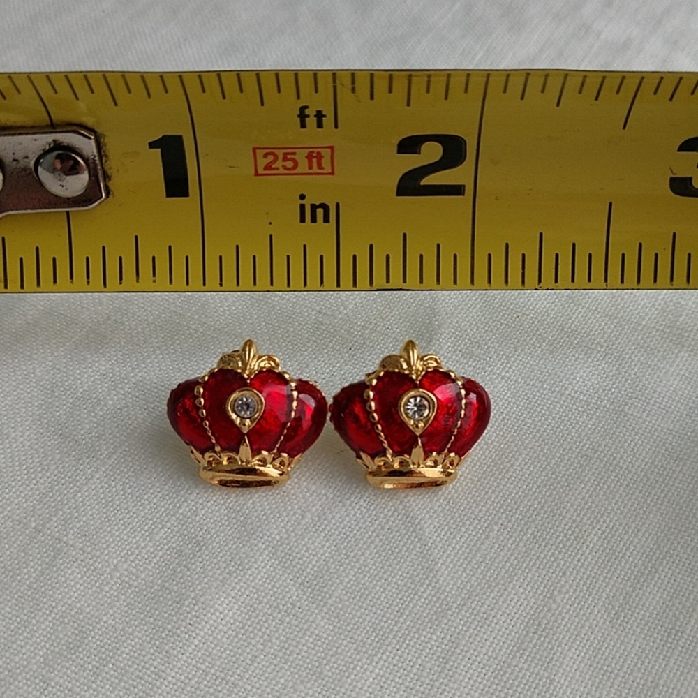 Crown Earrings Royal Red Enamel Vintage Avon Rhinestone Goldtone Princess Jewels - Picture 7 of 8